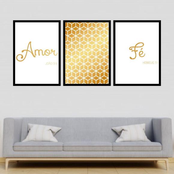 Trio Quadros Digitais - Amor Fé Cubos Branco e Dourado