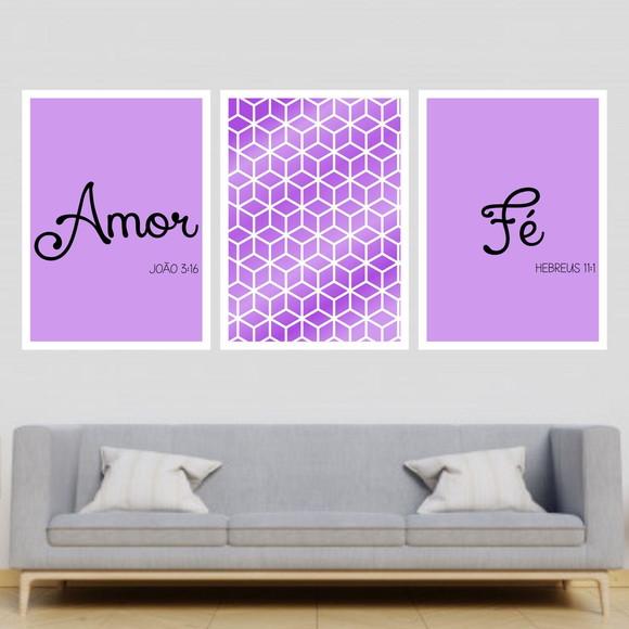 Trio Quadros Digitais - Amor Fé Cubos Lilás,