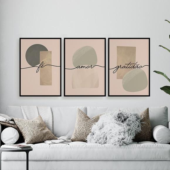 Trio Quadros Digitais - Amor Fé Gratidão Abstrato
