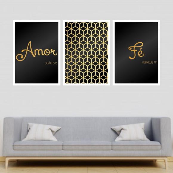 Trio Quadros Digitais - Amor Fé Cubos Dourado e Preto