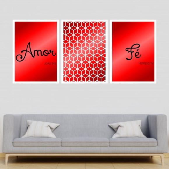 Trio Quadros Digitais - Amor Fé Cubos Vermelho