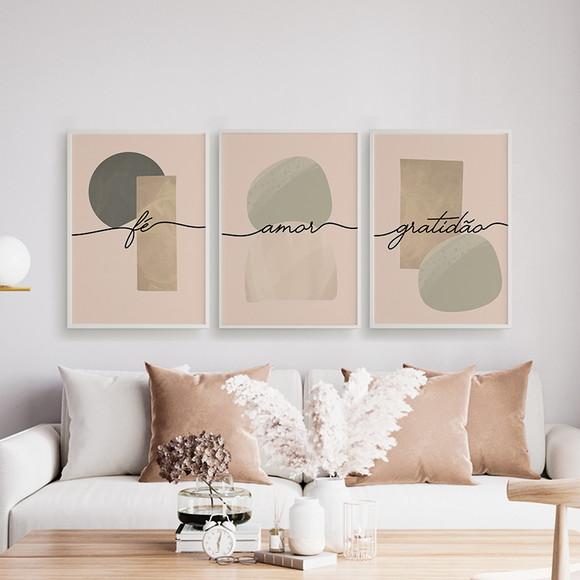 Trio Quadros Digitais - Amor Fé Gratidão Abstrato