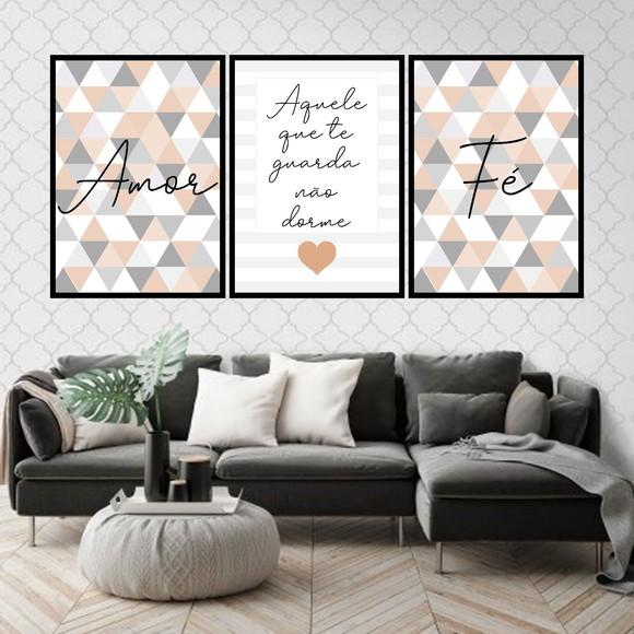 Trio Quadros Digitais - Amor Fé Triângulos Marrom