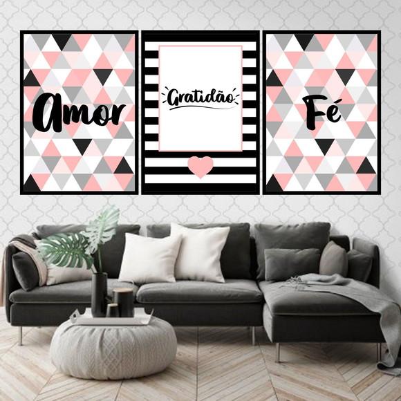 Trio Quadros Digitais - Amor Gratidão Fé