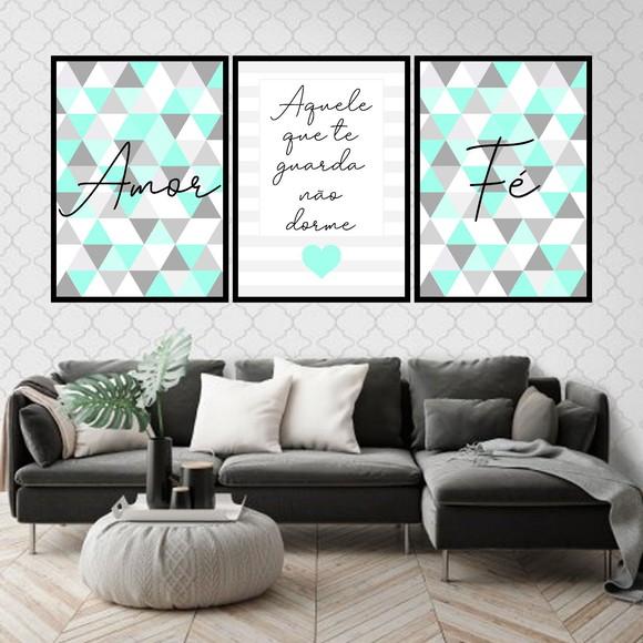 Trio Quadros Digitais - Amor Fé Triângulos Turquesa