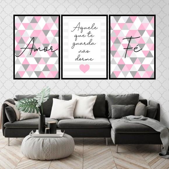 Trio Quadros Digitais - Amor Fé Triângulos Rosa