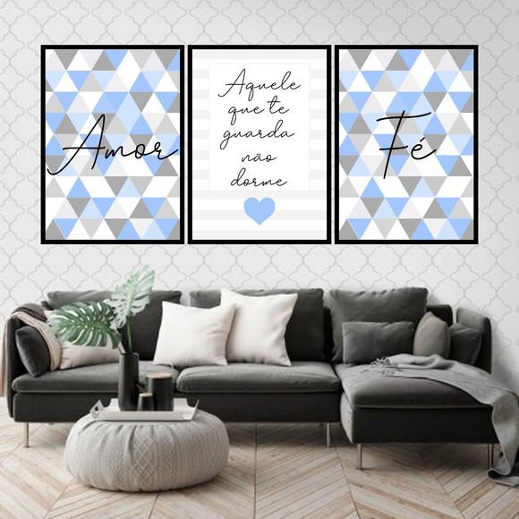 Trio Quadros Digitais - Amor Fé Triângulos Azul