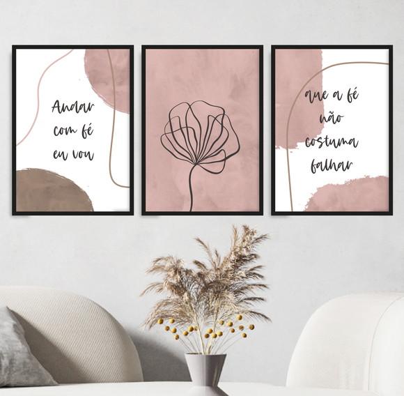 Trio Quadros Digitais - Andar com Fé Eu Vou - Flor Rosa