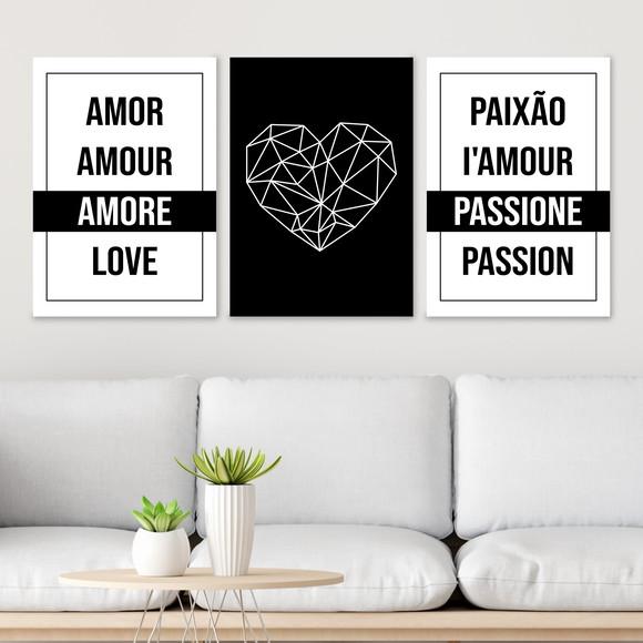 Trio Quadros Digitais - Amor Paixão Coração