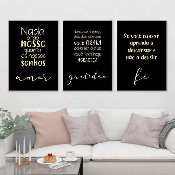 Trio Quadros Digitais - Amor Gratidão Fé Preto Frases