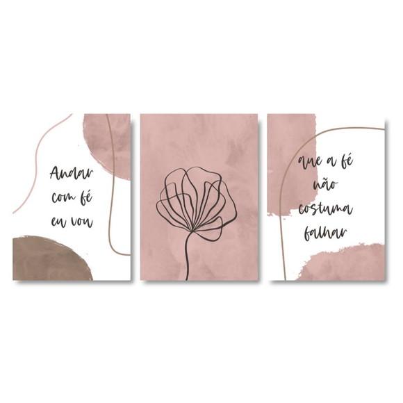 Trio Quadros Digitais - Andar com Fé Eu Vou - Flor Rosa