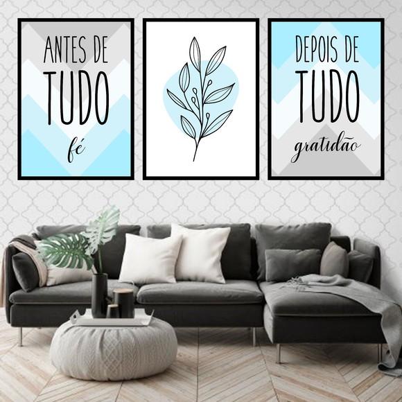 Trio Quadros Digitais - Antes de Tudo Fé Azul e Cinza Folha