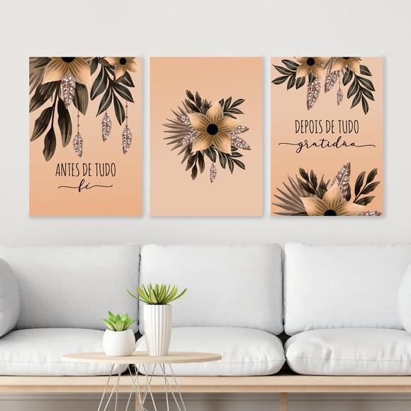 Trio Quadros Digitais - Antes Depois - Fé Gratidão Flores
