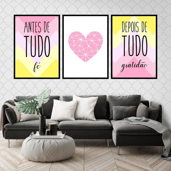 Trio Quadros Digitais - Antes de Tudo Rosa Amarelo Coração