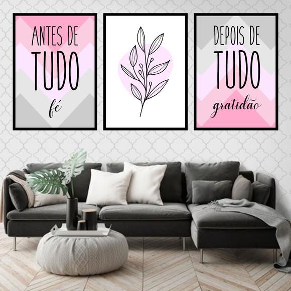 Trio Quadros Digitais - Antes de Tudo Fé Rosa e Cinza Folha