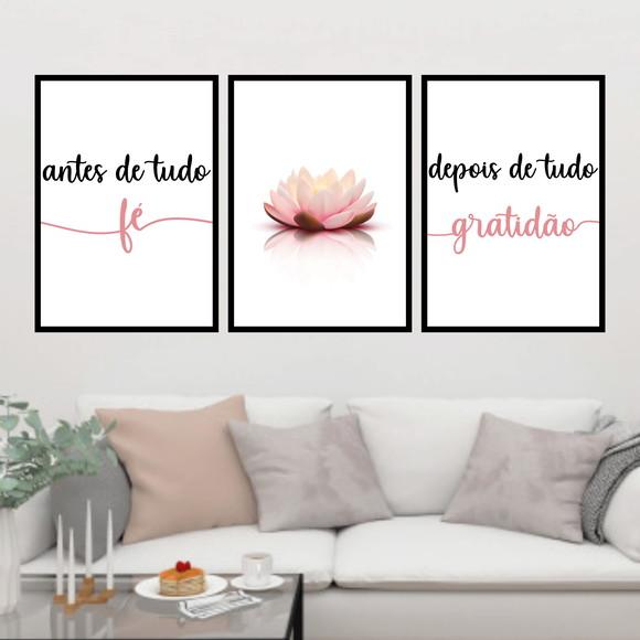 Trio Quadros Digitais - Antes Depois Flor de Lotus Rosa