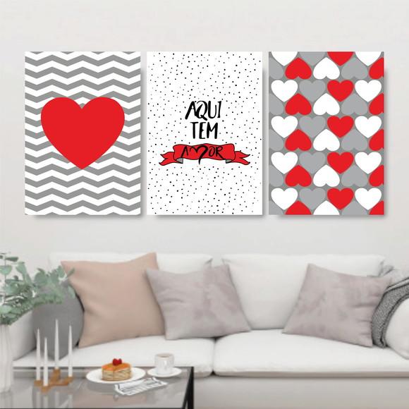 Trio Quadros Digitais - Aqui tem amor coração Vermelho