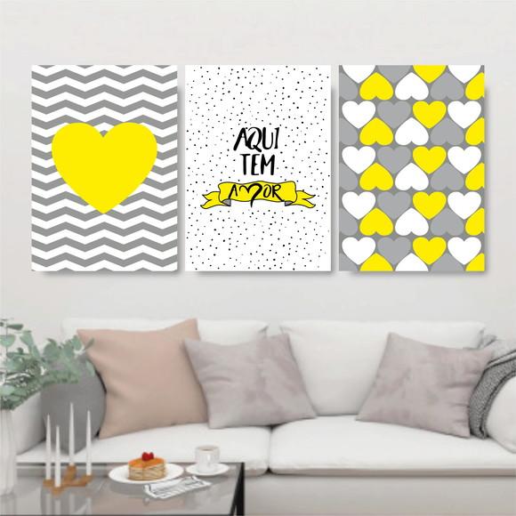 Trio Quadros Digitais - Aqui tem amor coração Amarelo