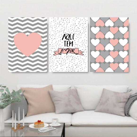 Trio Quadros Digitais - Aqui tem amor coração Rosa