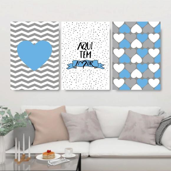 Trio Quadros Digitais - Aqui tem amor coração Azul