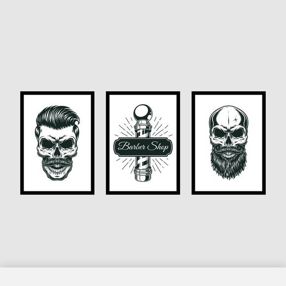 Trio Quadros Digitais - Barber Shop Caveiras