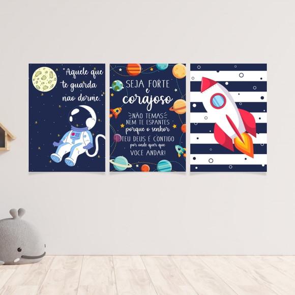 Trio Quadros Digitais - Astronauta Planetas Foguete