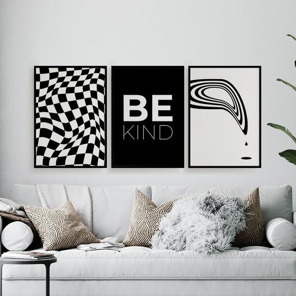 Trio Quadros Digitais - Be Kind Abstrato Preto E Branco
