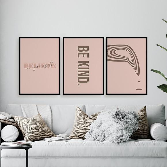Trio Quadros Digitais - Be Kind Abstrato Rosa E Marrom