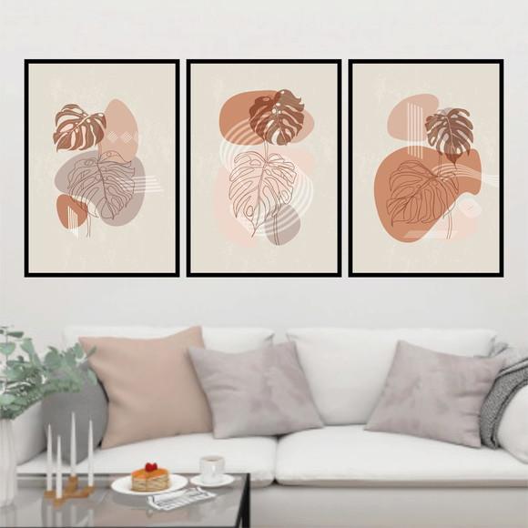 Trio Quadros Digitais - Boho Abstrato Folhas Costela de Adão