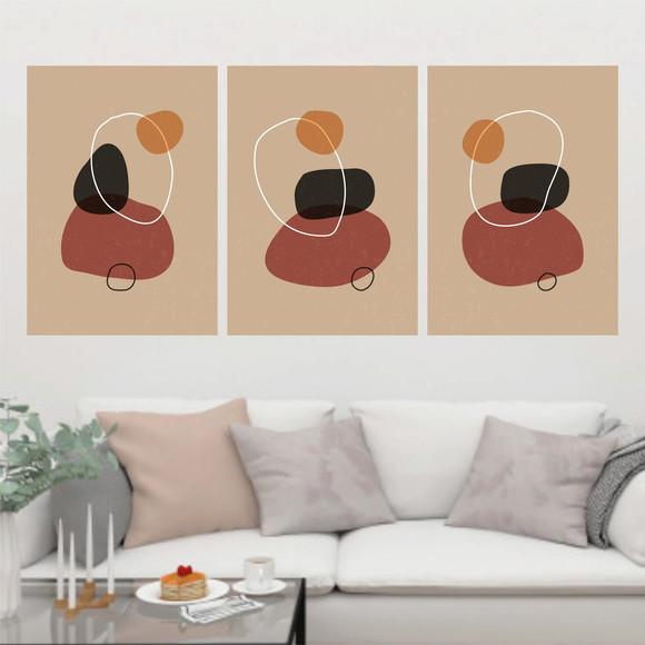 Trio Quadros Digitais - Boho Abstrato Formas Linha branca