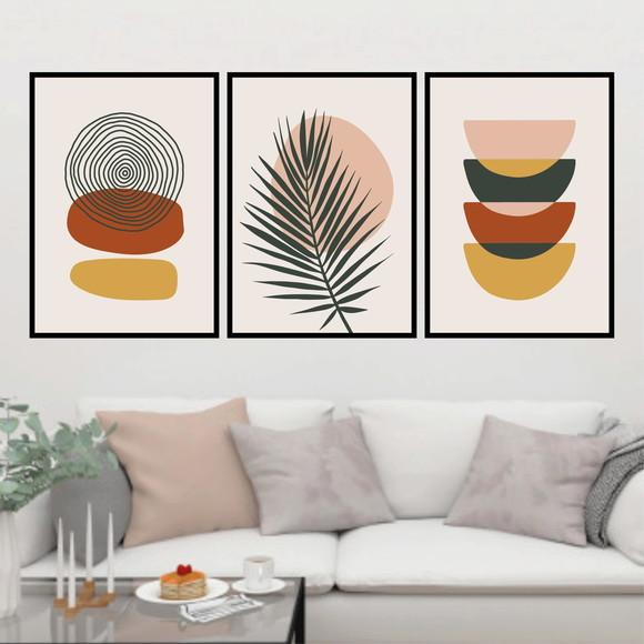 Trio Quadros Digitais - Boho Abstrato Folha Formas