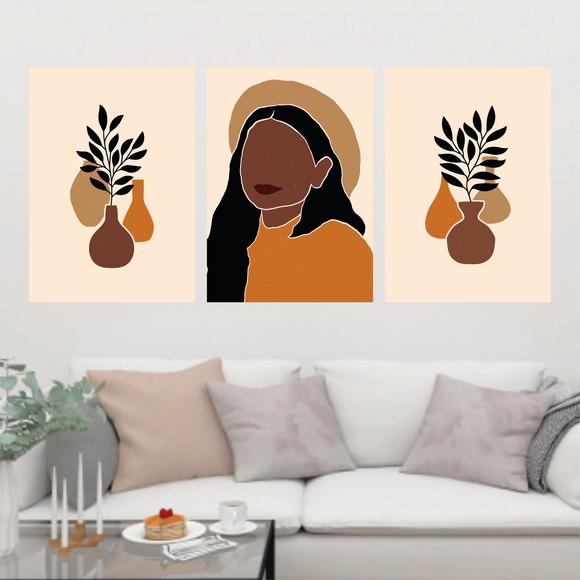 Trio Quadros Digitais - Boho Abstrato Mulher Folhas