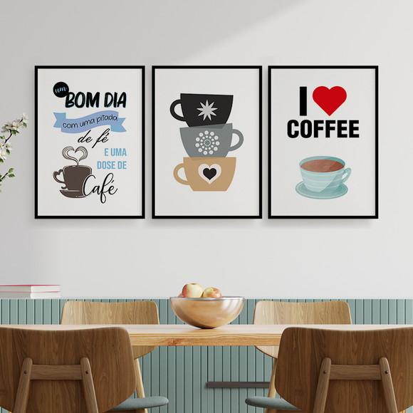 Trio Quadros Digitais - Bom Dia - Xícaras De Café - Azul