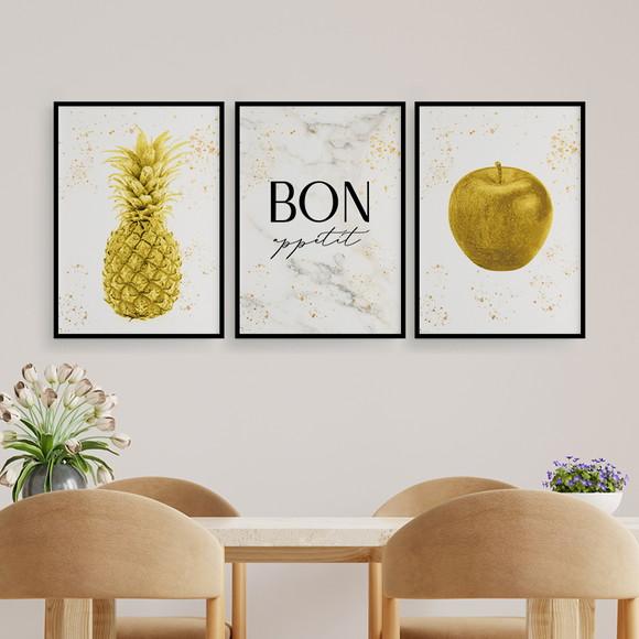 Trio Quadros Digitais - Bon Appetit - Maçã E Abacaxi Dourado