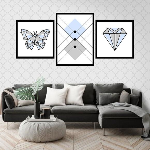 Trio Quadros Digitais - Borboleta Diamante Geométrico