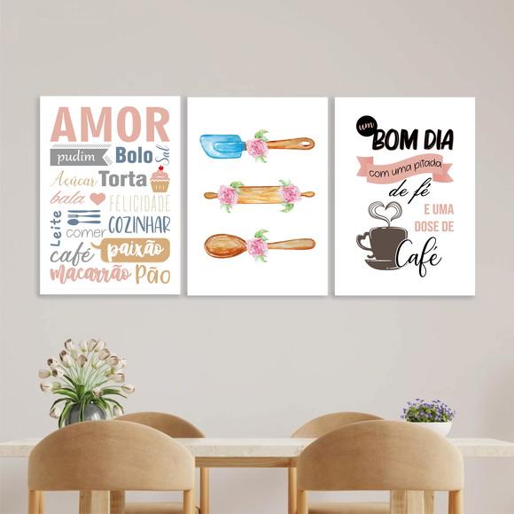 Trio Quadros Digitais - Bom dia fé Café - Utensílios - Amor