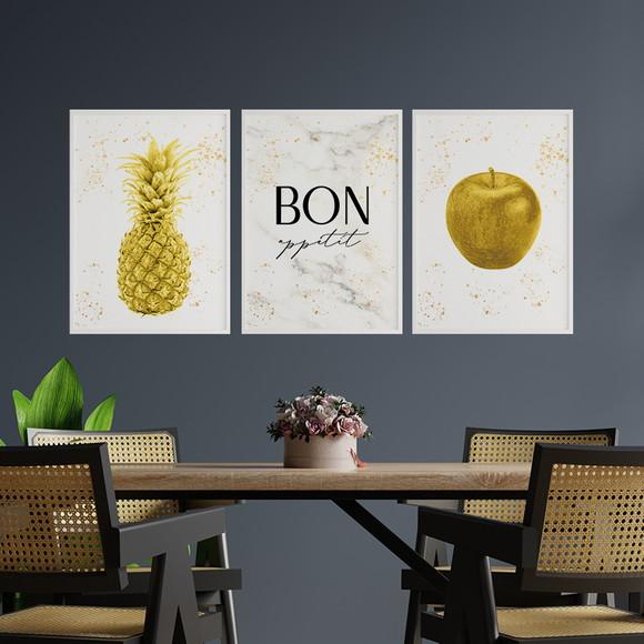Trio Quadros Digitais - Bon Appetit - Maçã E Abacaxi Dourado