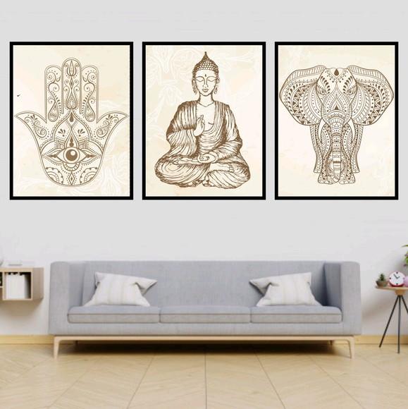 Trio Quadros Digitais - Buda Elefante Hamsa
