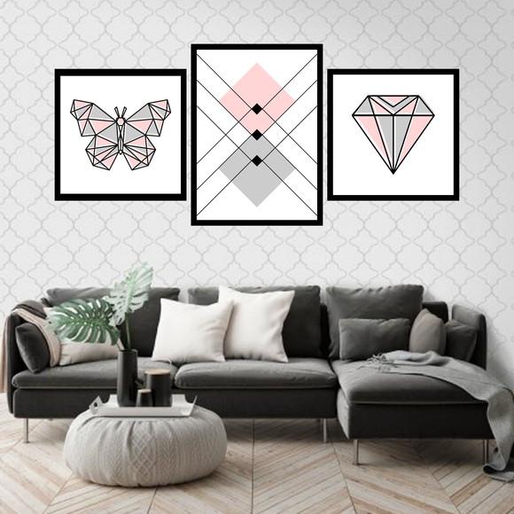 Trio Quadros Digitais - Borboleta Diamante Geométrico