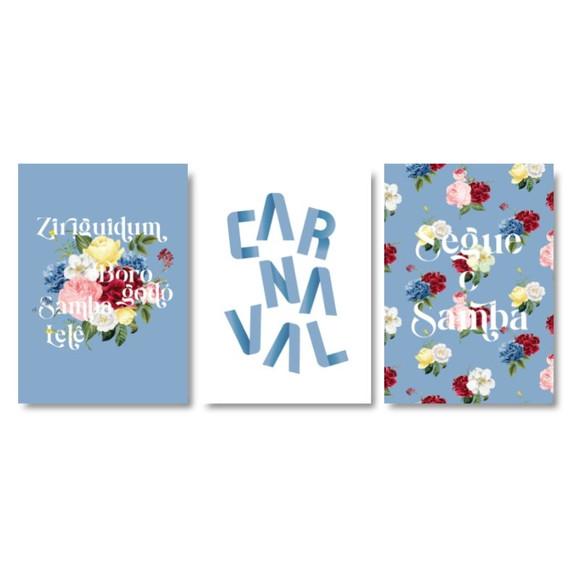 Trio Quadros Digitais - Carnaval com Flores - Azul