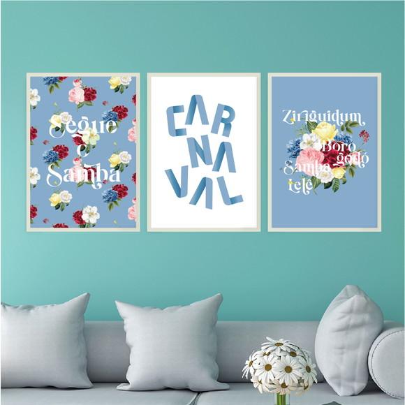 Trio Quadros Digitais - Carnaval com Flores - Azul