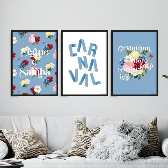 Trio Quadros Digitais - Carnaval com Flores - Azul