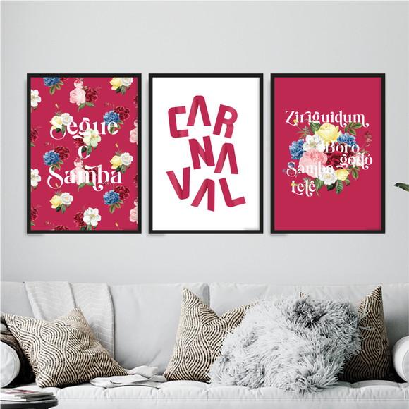 Trio Quadros Digitais - Carnaval com Flores - Magenta