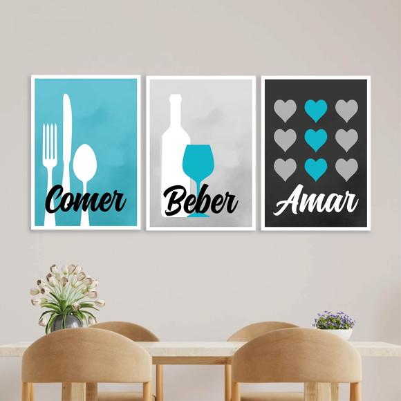 Trio Quadros Digitais - Comer Beber Amar Turquesa