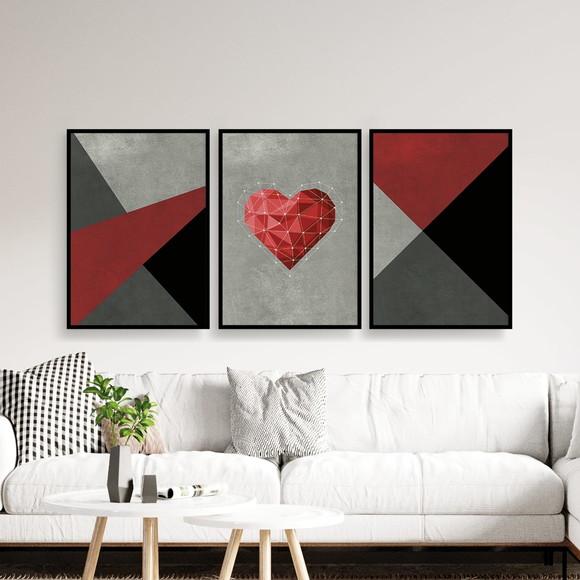 Trio Quadros Digitais - Coração Geométrico - Textura Cinza