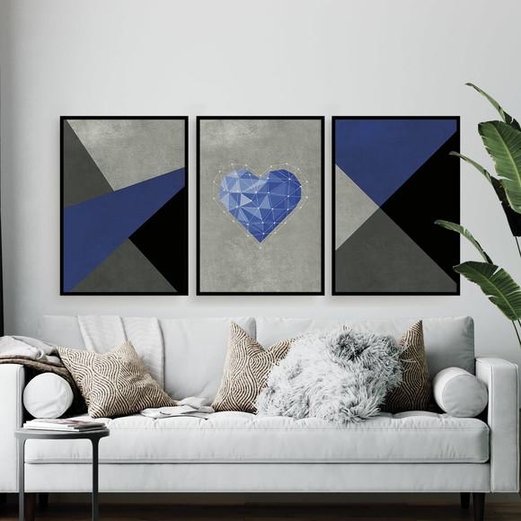 Trio Quadros Digitais - Coração Geométrico - Textura Azul