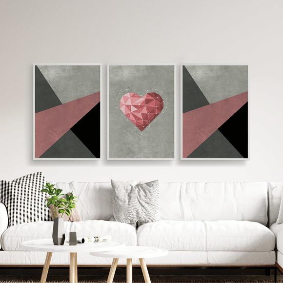 Trio Quadros Digitais - Coração Geométrico - Textura Rosa