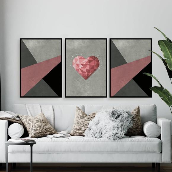 Trio Quadros Digitais - Coração Geométrico - Textura Rosa