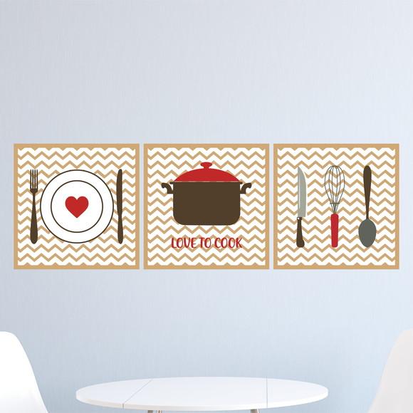 Trio Quadros Digitais - Cozinha Chevron marrom- Love to cook