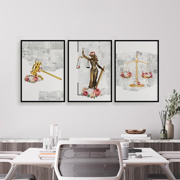 Trio Quadros Digitais - Direito Dourado Com Flores